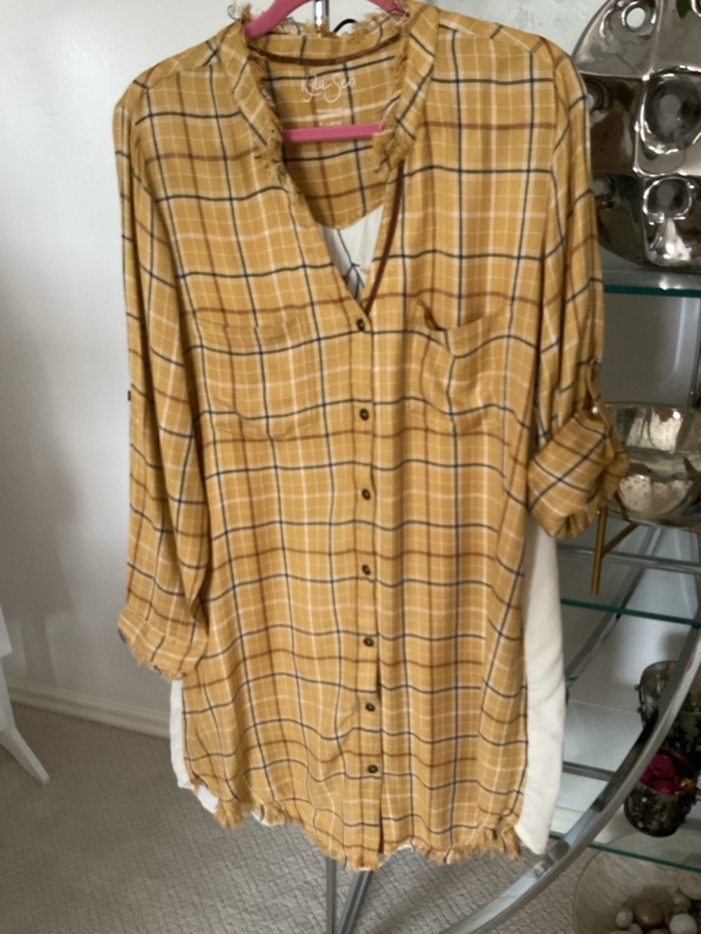 Kyla Seo Mustard Yellow Plaid Button-Up Tunic velvet embroidered back.